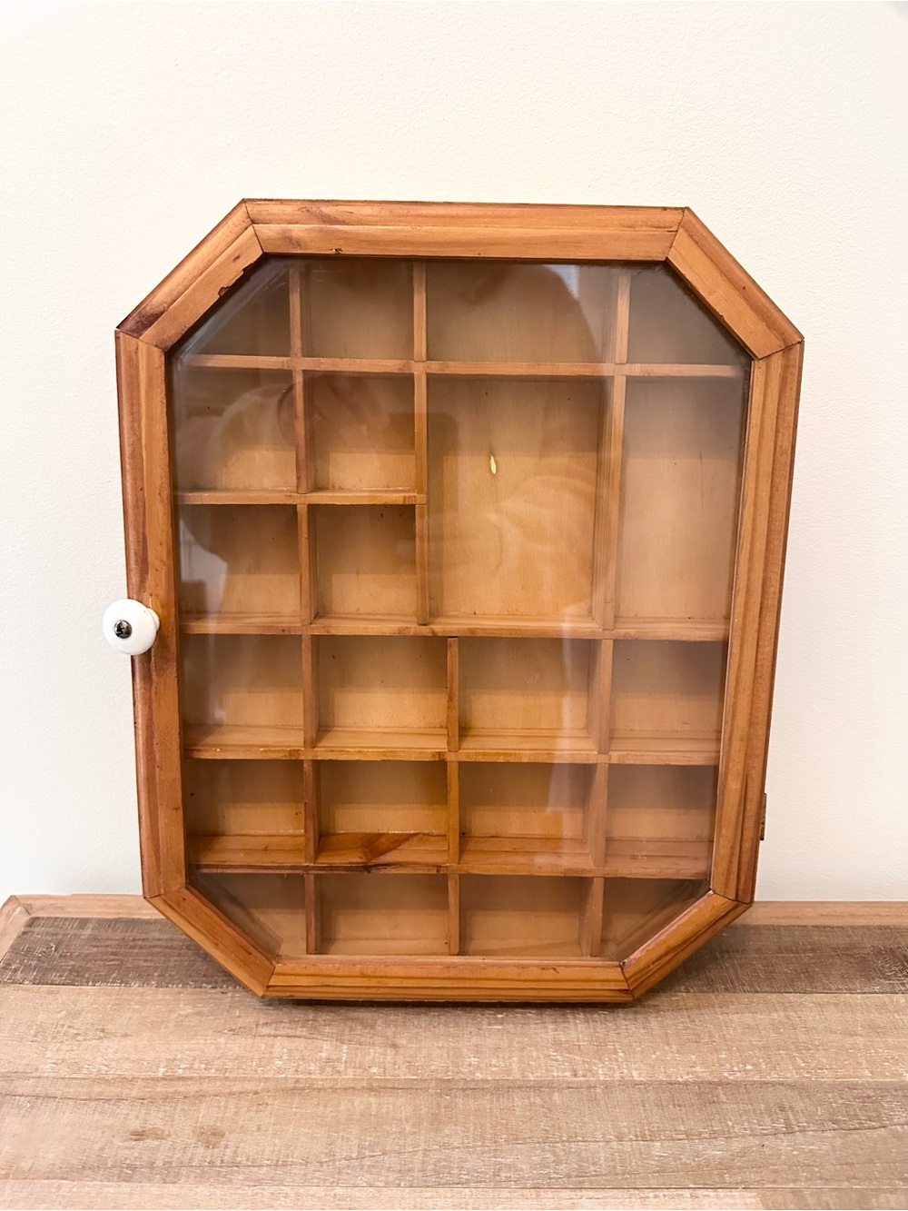 Vintage Wood Glass Door Trinket Curio Shelf Shadow Box Display Wall Cabinet